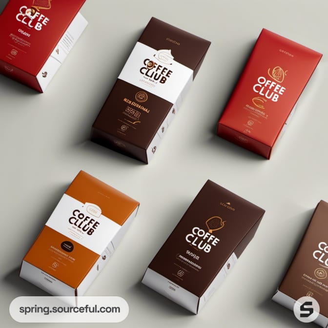 Assorted coffee club boxes in red, brown, orange on gray surface.