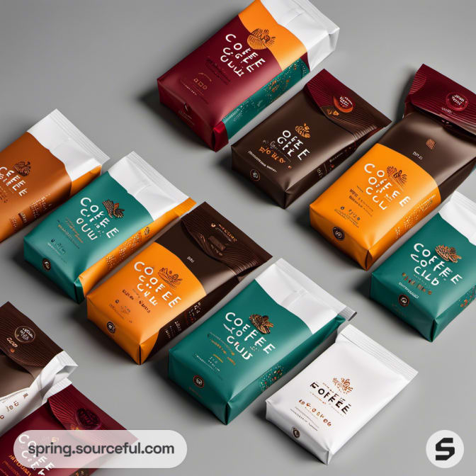 Colorful coffee club resealable pouches on gray surface.