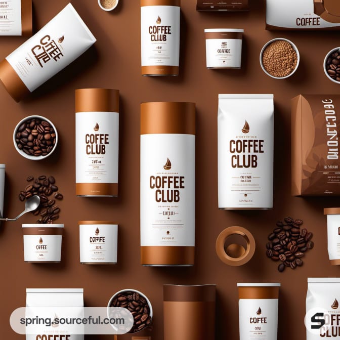 Coffee club packaging includes canisters, resealable bags on brown background.