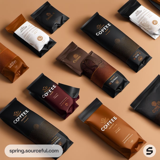 Assorted coffee brands in brown and black packaging with textured designs.