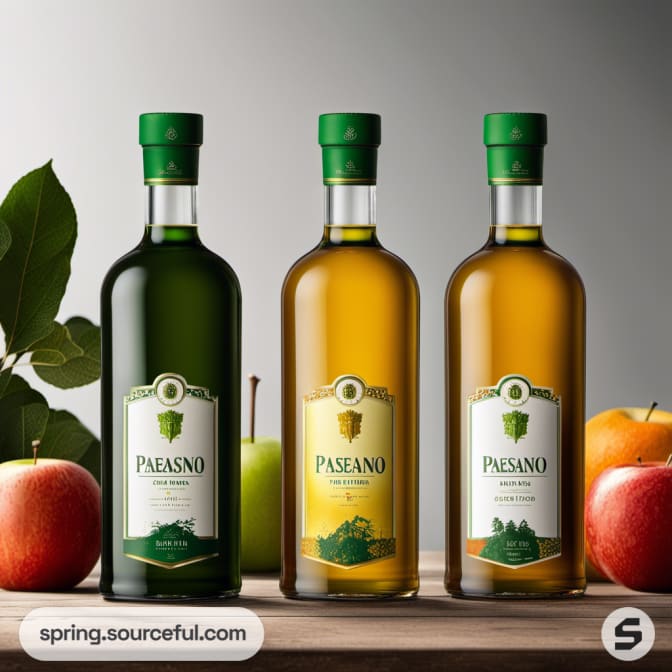 Three bottles with green and amber liquids, green caps, against apples and foliage.