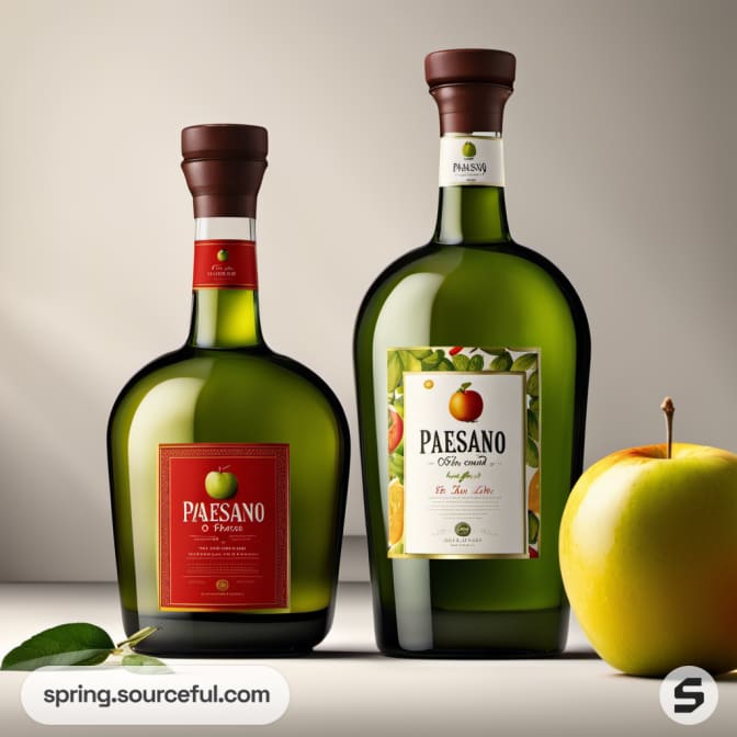 Two olive oil bottles with apple labels, brown caps, alongside a fresh apple.