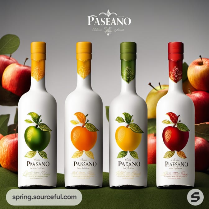 Four bottles with fruit illustrations and colorful caps, surrounded by apples.