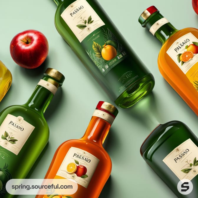 Assorted olive oil bottles with colorful labels, scattered with apples around them.