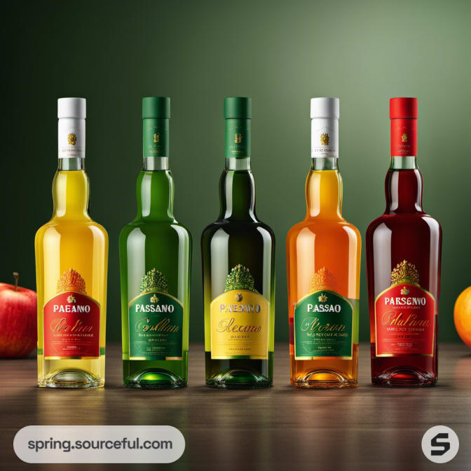 Five bottles of various colors and colored caps, set against a green background with apples.