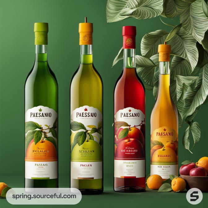 Four bottles with vibrant fruit designs, surrounded by leaves and small fruits.
