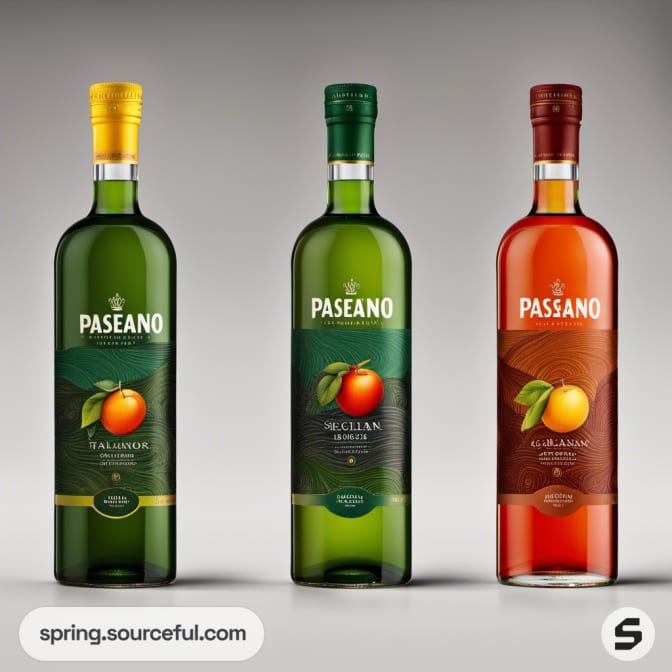 Three bottles with fruit designs, set on a simple neutral background.