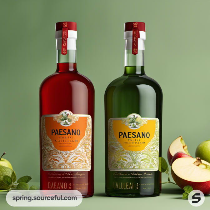 Two olive oil bottles with decorative labels and apples, against a pale green background.