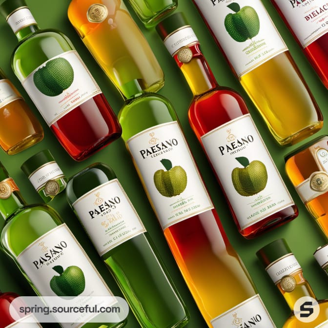 Several bottles with green and red liquid, apple-themed labels, placed in a flat lay.