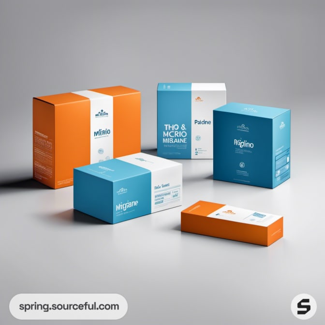 Assorted blue and orange product packaging boxes on a gray surface.