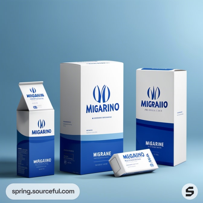 Various Migraine medication packagings in blue and white, including a carton, blister pack, and boxes on a blue background.