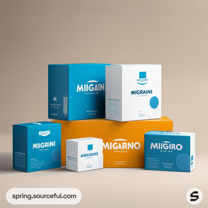 Various colored boxes with "Migraine Relief" text, arranged on a beige background.