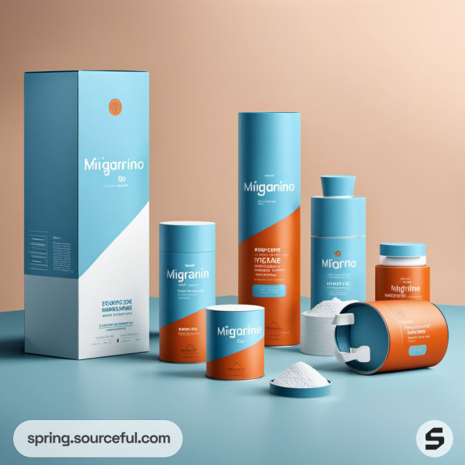 Assorted cylindrical containers and tall box in blue and orange, displaying powder and dietary products.