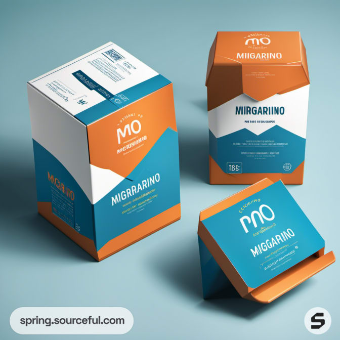 Set of three cardboard boxes in blue and orange hues on a light blue surface.
