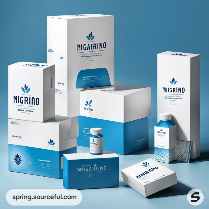 Assorted blue and white packaging for healthcare products including boxes, bottles, and sachets on a blue background.