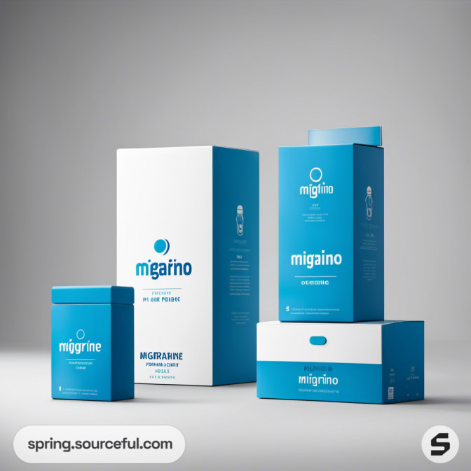 Stack of teal and white boxes with minimalist design on a gray background.