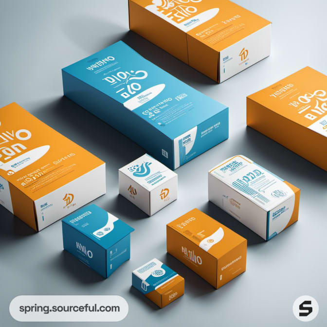 Blue and orange packaging boxes of various sizes arranged on a white surface.