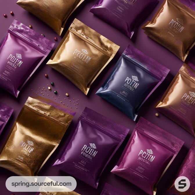 Assorted purple and gold pouches on a purple background.