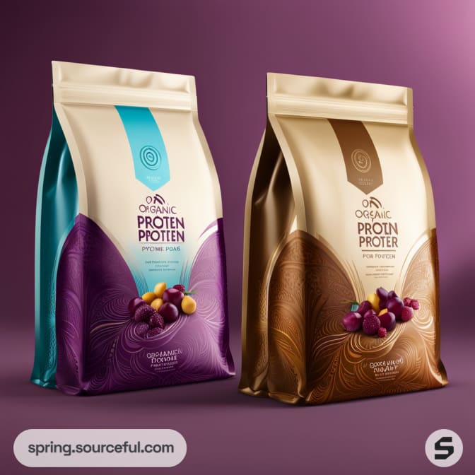 Two vertical bags in purple and gold with fruit design.