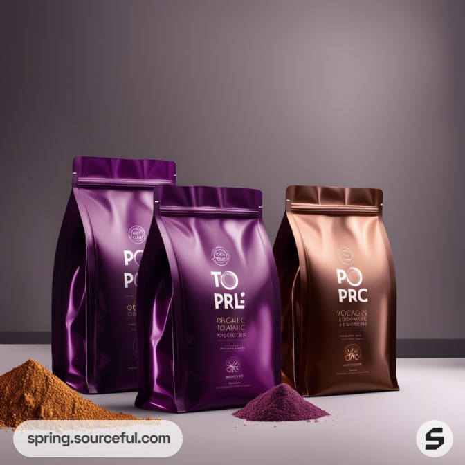 Three metallic bags with purple powder accents.
