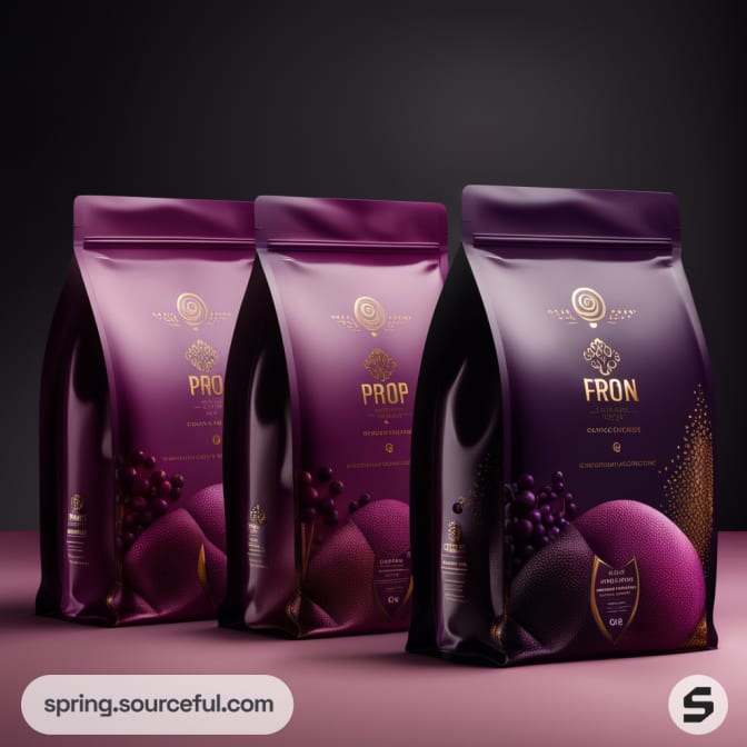 Three purple gradient bags with gold detailing.
