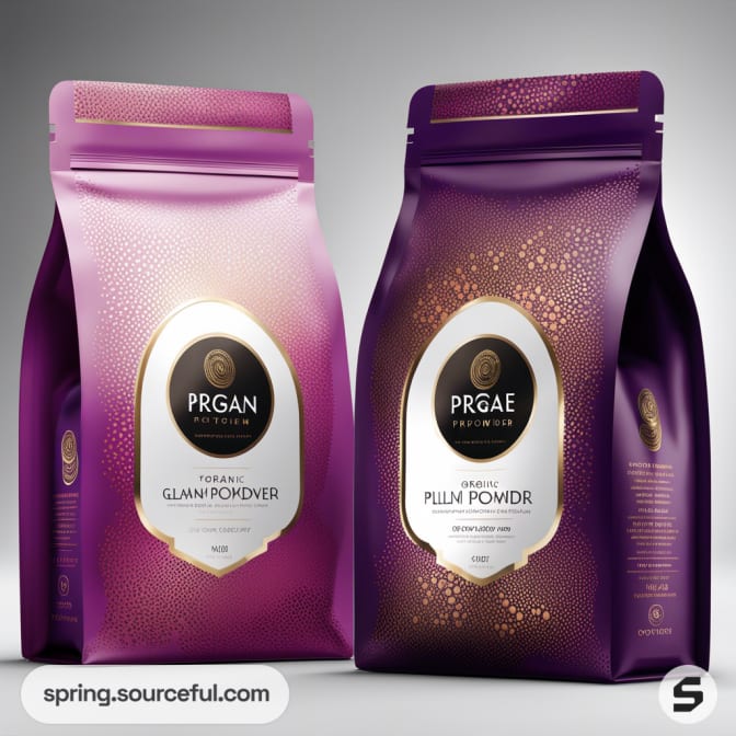 Two purple bags with oval labels and fine texture.
