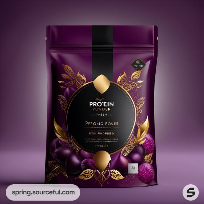 Purple pouch with gold leaf design and fruit graphics.