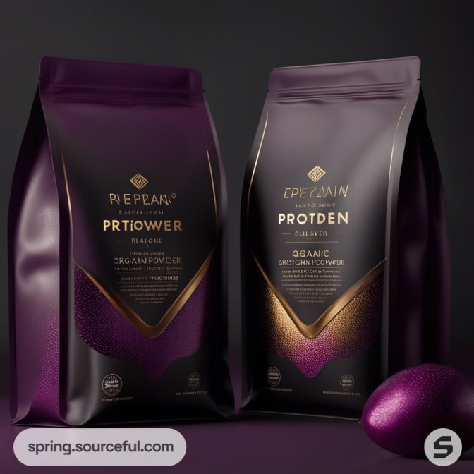 Two glossy purple bags with dark fruit imagery.