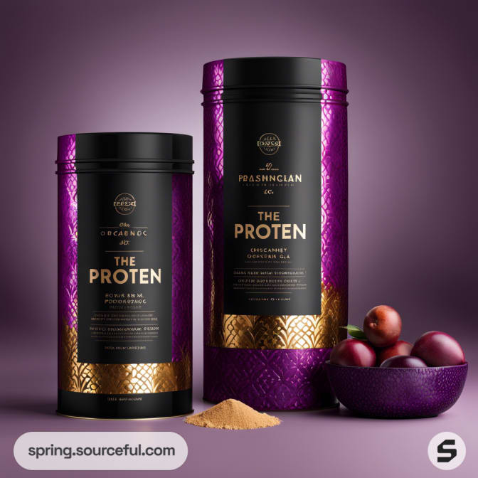 Two cylindrical tins in purple and gold with fruit.