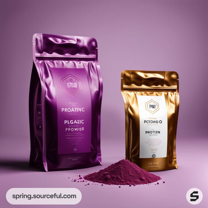 Purple and gold bags with purple powder on surface.