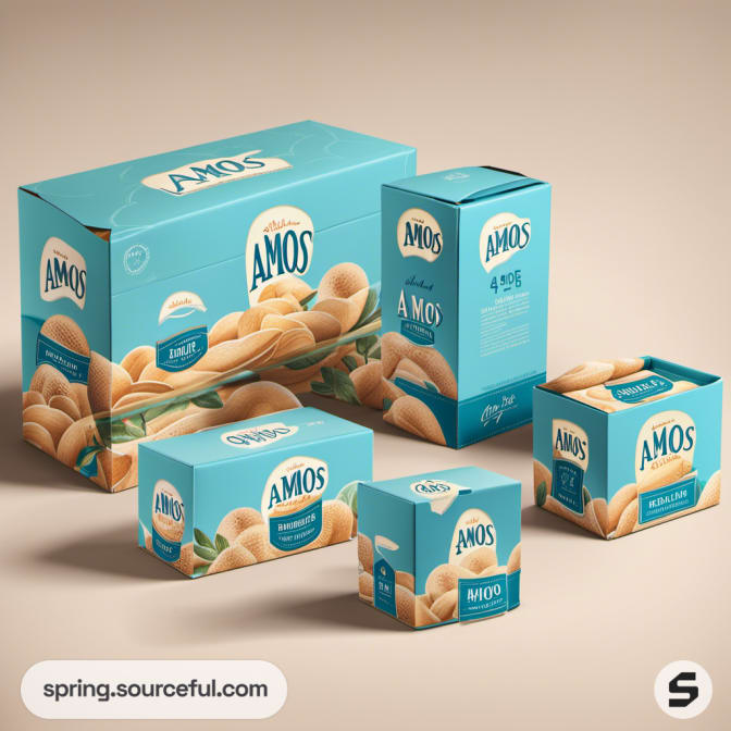 Assorted packaging boxes in blue with nut graphics.