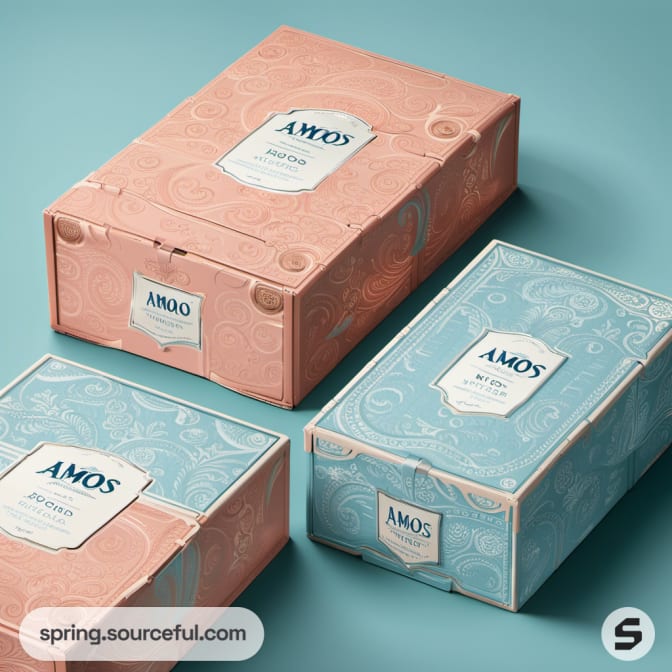 Three patterned boxes in pink and blue with central text labels.