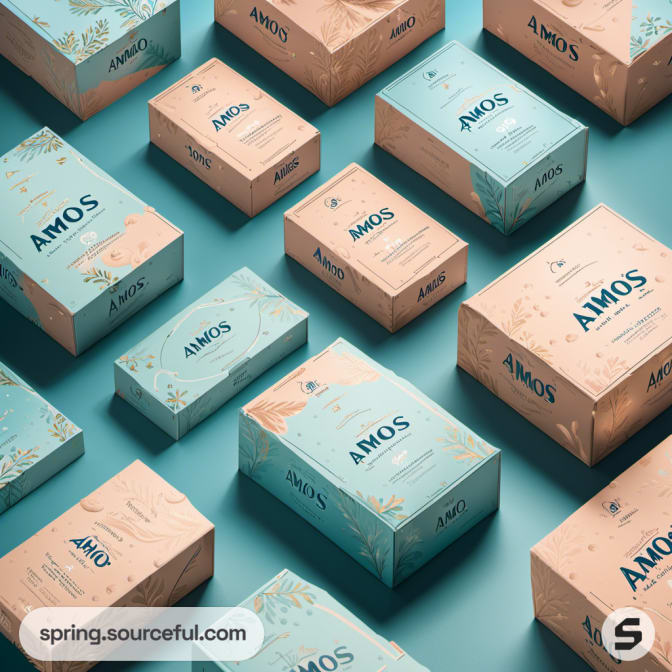 Pastel colored boxes with botanical patterns and text.