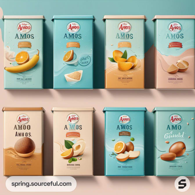 Tall pastel boxes with different fruit and nut graphics.