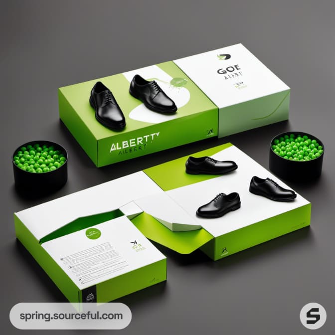 Black and green shoe boxes with dress shoes displayed on a gray surface.