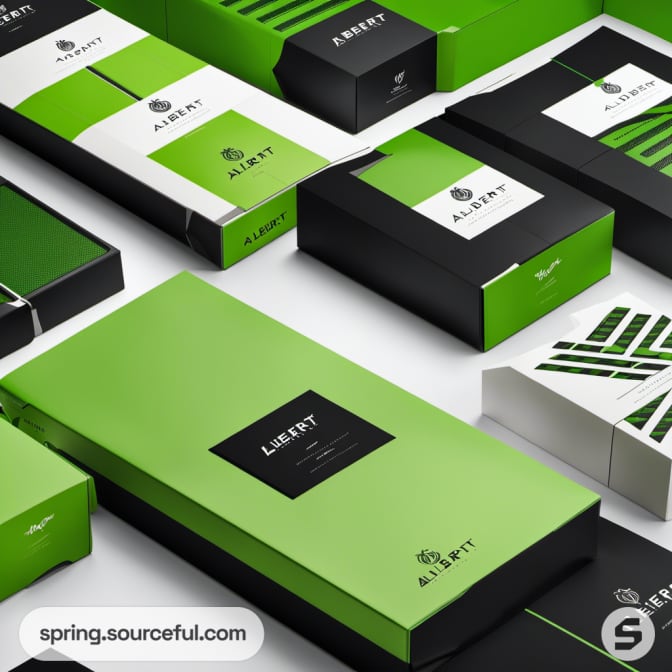 Stacked green and black shoe packaging in various sizes on a dark surface.