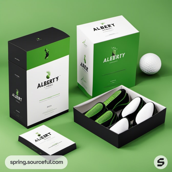 Green and black golf ball packaging with open box displaying contents against a green background.