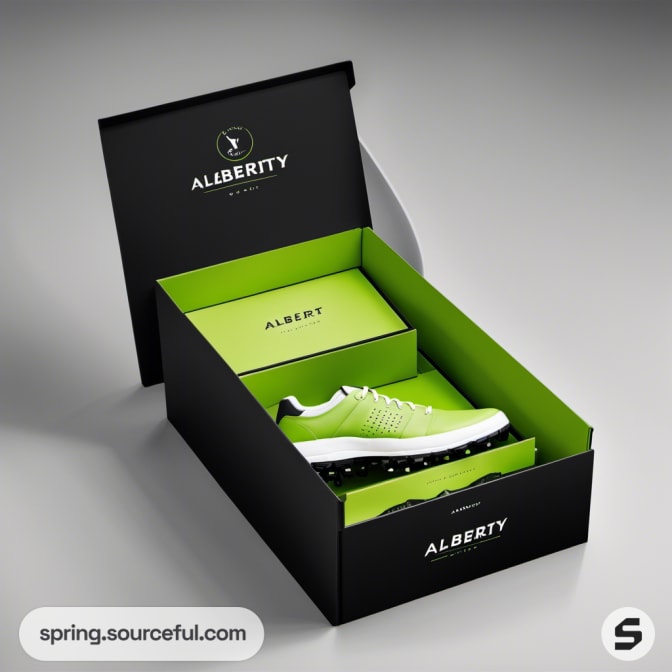 Black and green shoe box opened to reveal green athletic shoes on gray background.