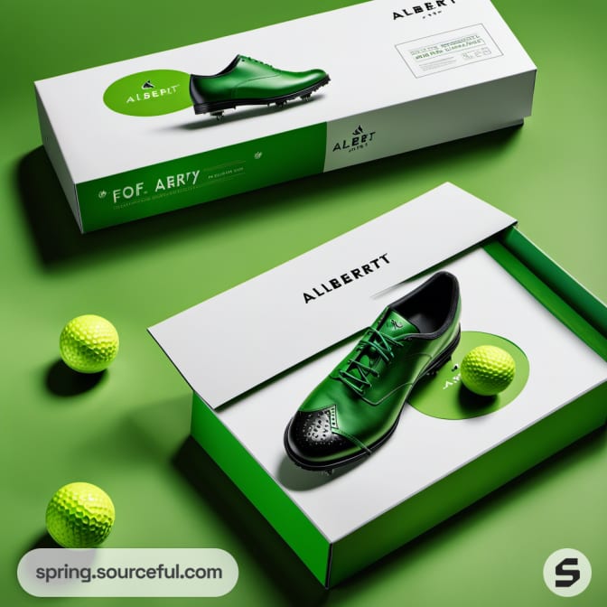 Green shoe and golf balls in a stylish rectangular box against a green background.