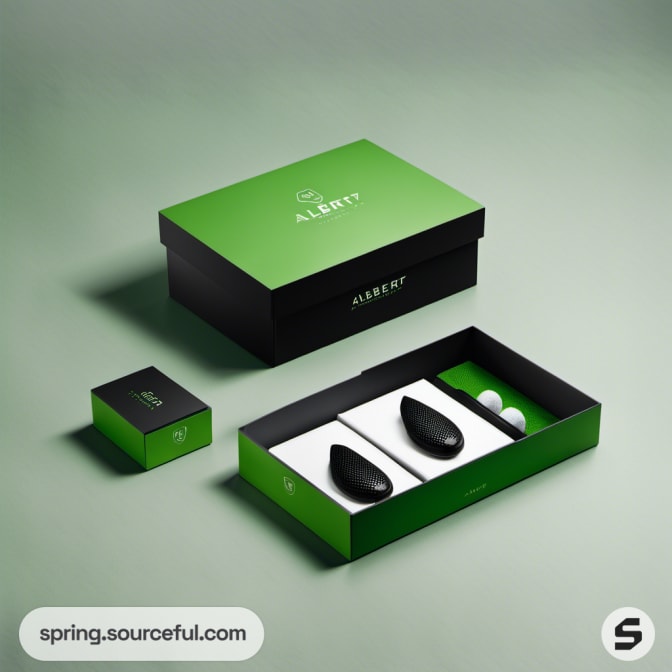 Elegant green and black shoe box opened to display black shoes on green background.