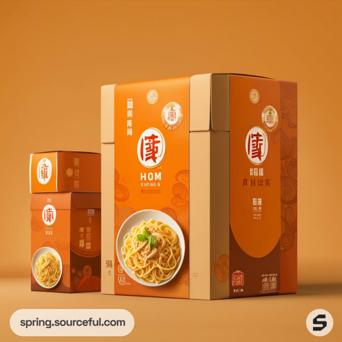 Orange noodle boxes with Chinese characters and noodle image.