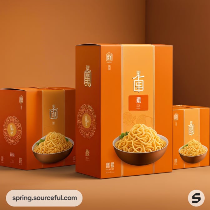 Three orange noodle boxes with bowl design on orange background.