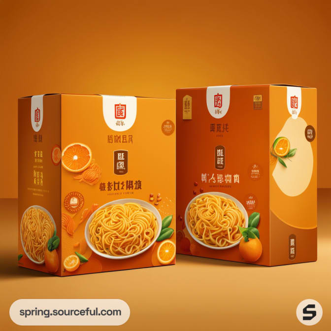 Two orange and brown noodle boxes featuring oranges and noodles.