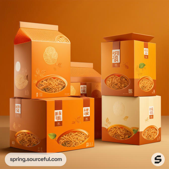 Stacked noodle boxes in orange and cream hues with noodle graphics.