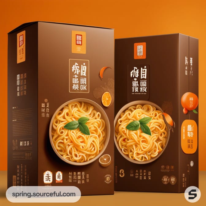 Brown noodle boxes displaying noodles with green garnish.