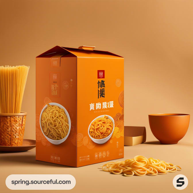 Orange noodle box with noodles and spaghetti on a warm backdrop.