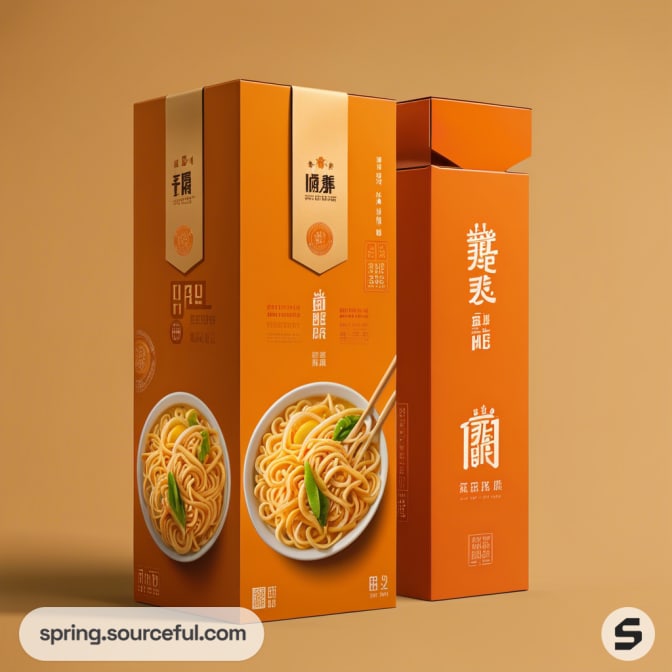 Tall orange noodle boxes with chopsticks and noodle imagery.