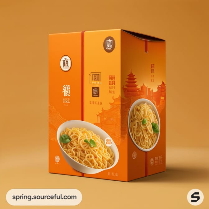 Orange noodle box with bowl design and temple skyline graphics.
