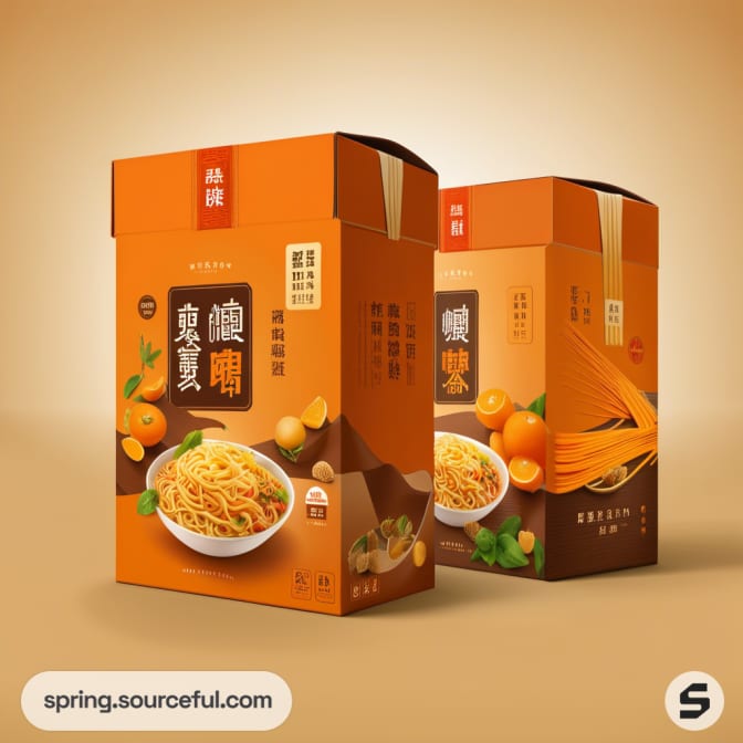 Orange and brown noodle boxes highlighting noodles and oranges.