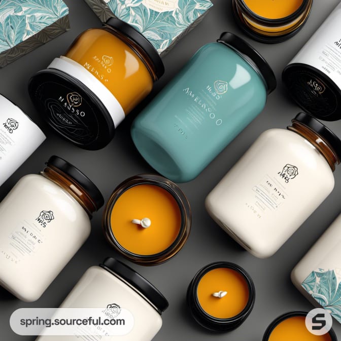 Candles in glass jars with orange, teal, and white wax, arranged with lids and decorative leaves.